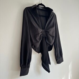 Lulus Black Tie-Front Collared Long Sleeve Blouse (M)
